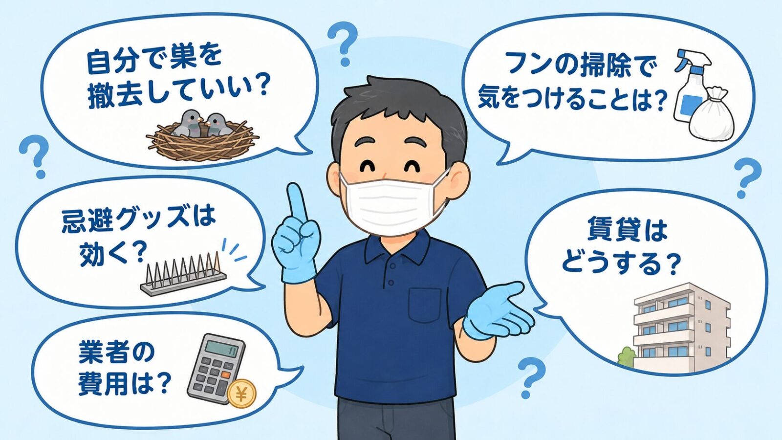 ハトのベランダ糞駆除でよくある質問を、掃除、巣、卵、防鳥ネット、賃貸相談で整理した図解。