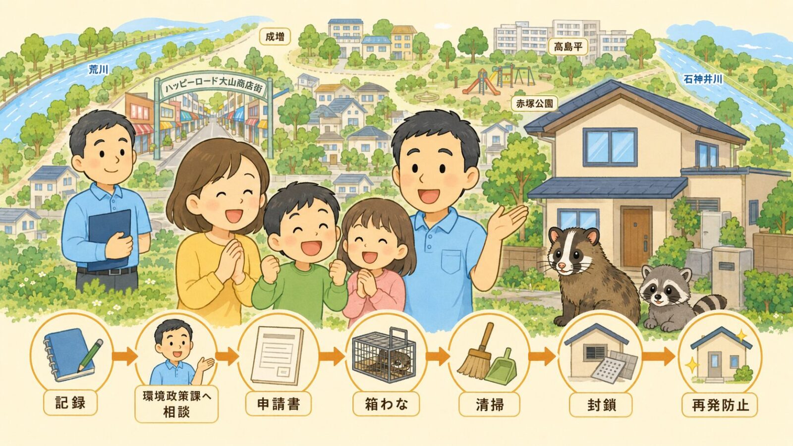 板橋区のハクビシン被害が解決して安心した家族と守谷タクミを描いたまとめ画像