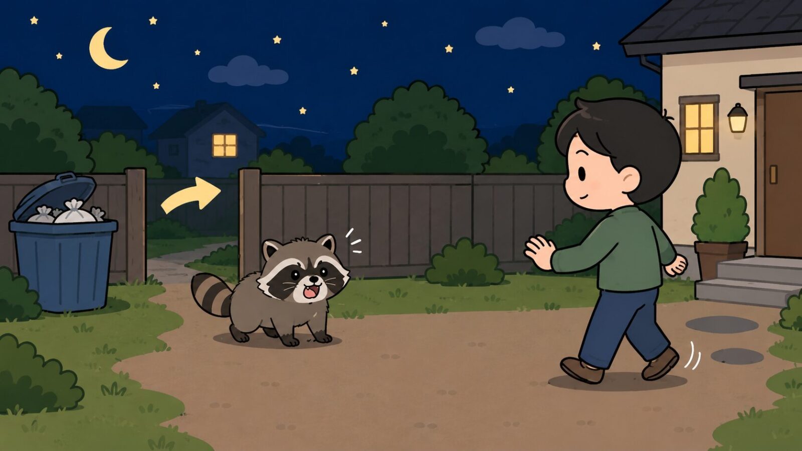 夜の庭で、男性がアライグマから目を離しすぎずにゆっくり後ずさりし、アライグマの逃げ道を黄色い矢印で示したいらすとや風イラスト。威嚇されたとき刺激せず距離をとる正しい対処法を表すH2見出し画像。