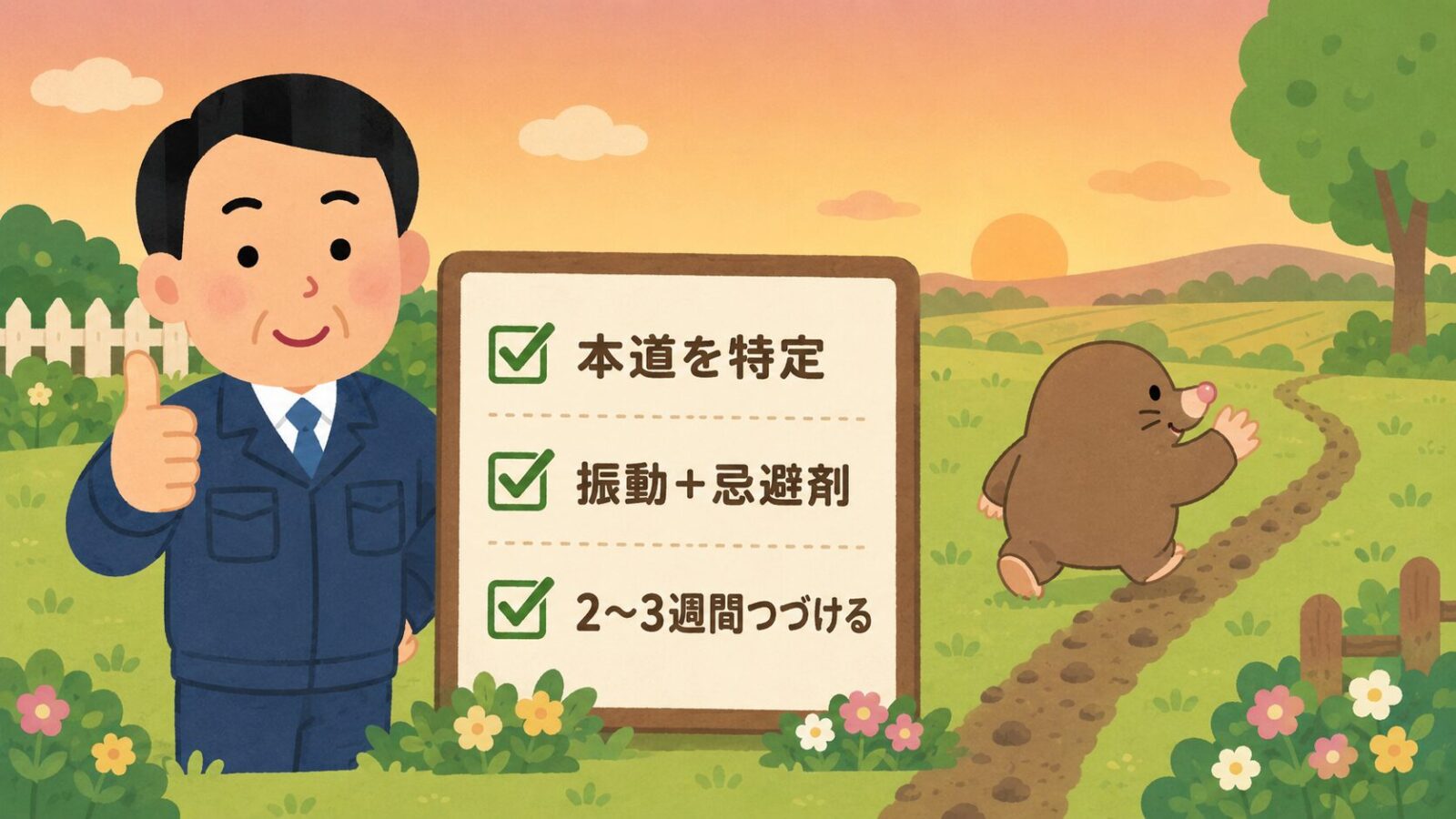 モグラ退治記事のまとめイラスト。夕暮れの庭で「本道を特定・振動+忌避剤・2〜3週間つづける」のチェックリストを掲げる守谷タクミ風キャラクターと、畑の方へ穏やかに歩き去るモグラを描いたいらすとや風の構図。