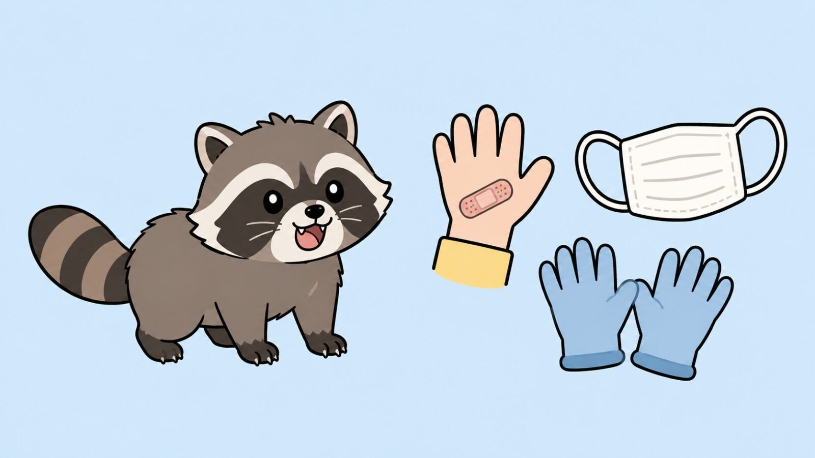 かわいいアライグマと、絆創膏を貼った手・白いマスク・青い使い捨て手袋を並べたいらすとや風イラスト。噛まれたり引っかかれたりするけがや感染症への注意が必要なことを表すH2見出し画像。