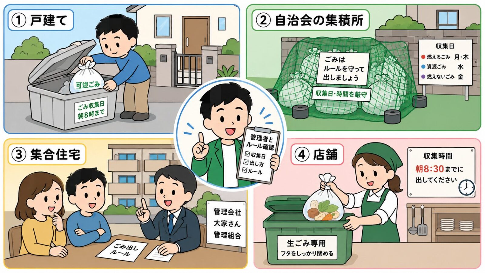 戸建て、自治会の集積所、集合住宅、店舗ごとのカラスのゴミ荒らし対策と管理者への相談先を整理した図解