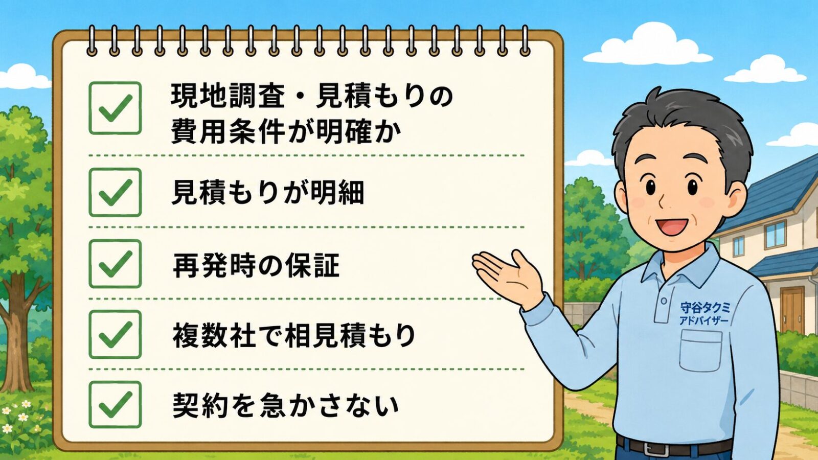 日立市の害獣駆除で失敗しない業者選び5つのチェックポイントを示す図。現地調査・見積もりの費用条件が明確か・見積もりが明細・再発時の保証・複数社で相見積もり・契約を急かさないの5項目をチェックリストで並べ、急かす業者は冷静に比較できずトラブルになりやすいと守谷タクミが添えるいらすとや風イラスト。