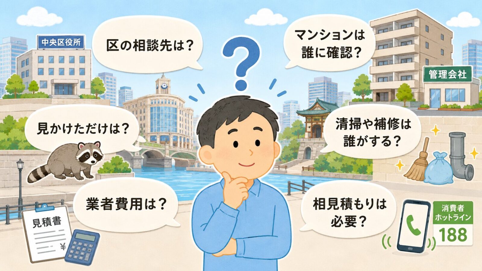 中央区のハクビシン駆除でよくある質問を整理したイラスト