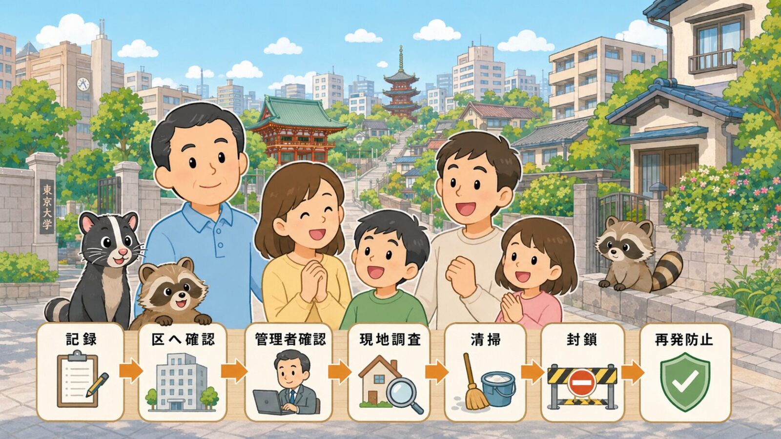文京区のハクビシン被害が解決して安心した家族と守谷タクミを描いたまとめ画像