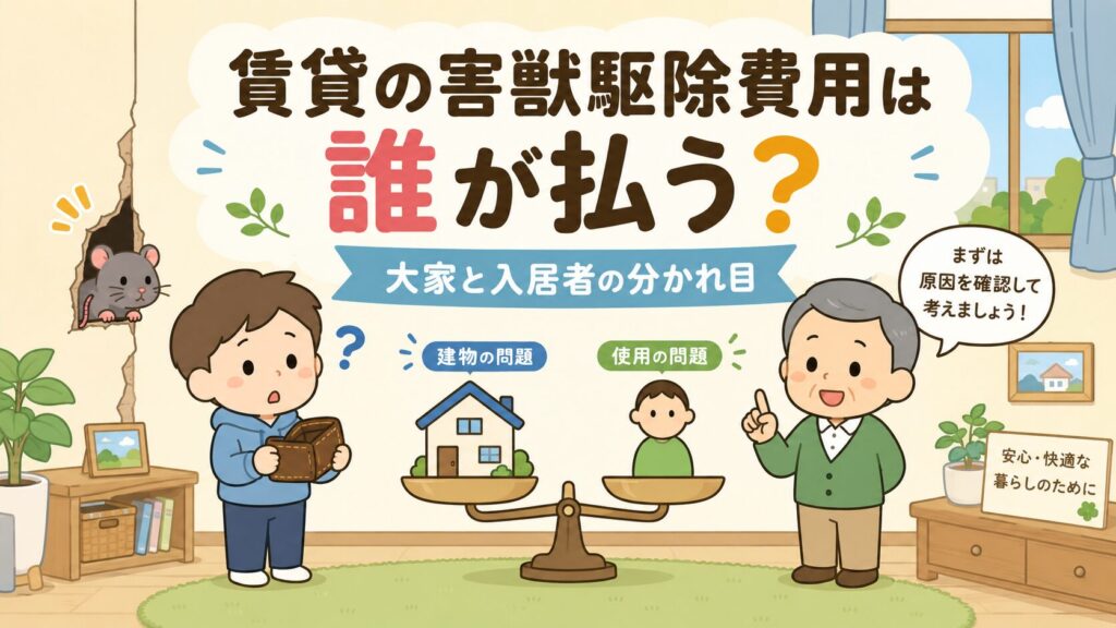 賃貸の害獣駆除費用は誰が払うのか、大家と入居者の負担の分かれ目を示したアイキャッチ画像。