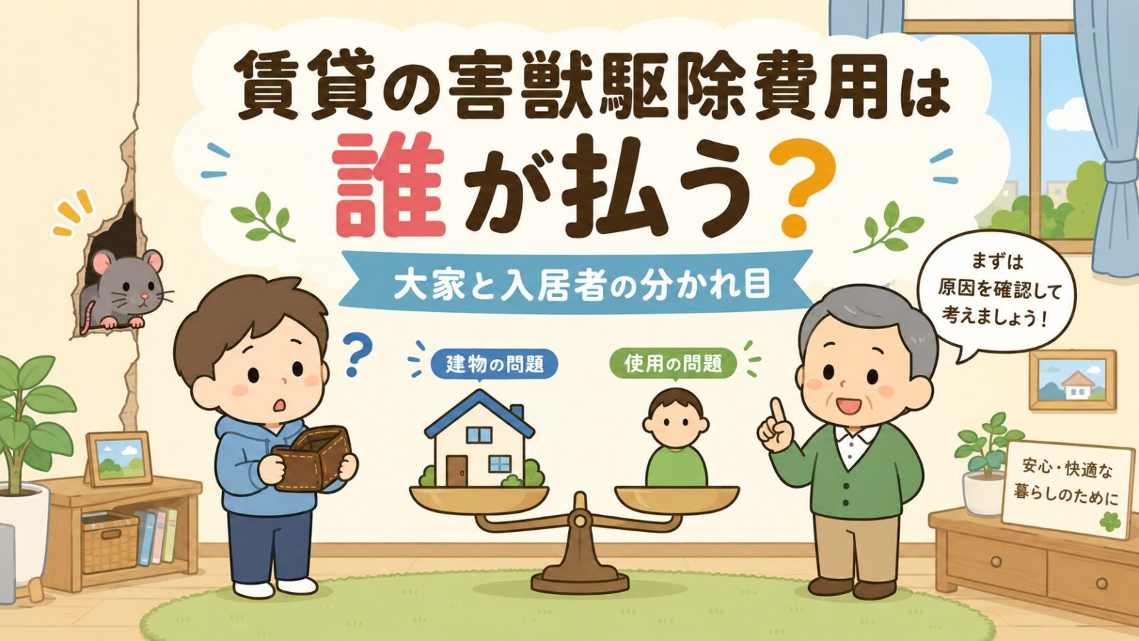 賃貸の害獣駆除費用は誰が払うのか、大家と入居者の負担の分かれ目を示したアイキャッチ画像。