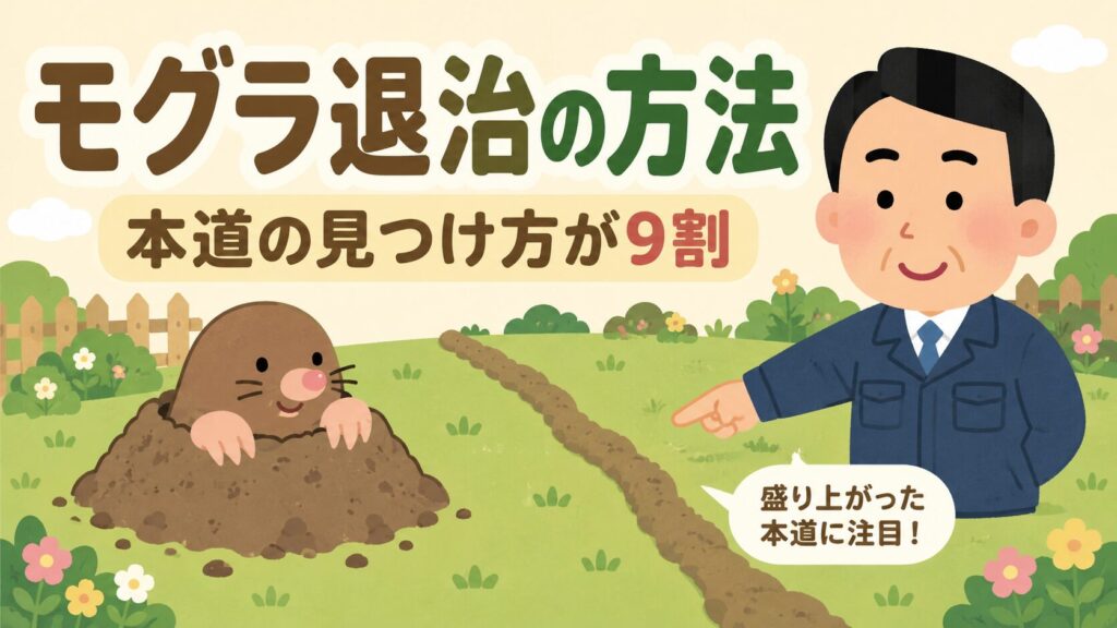 モグラ退治の方法を解説するメインアイキャッチ。「本道の見つけ方が9割」の副題とともに、緑の庭にできたモグラ塚から顔を出すかわいいモグラ（点目・いらすとや風）と、地面の盛り上がったトンネルを指差す作業着姿の守谷タクミ風キャラクターを描いたイラスト。