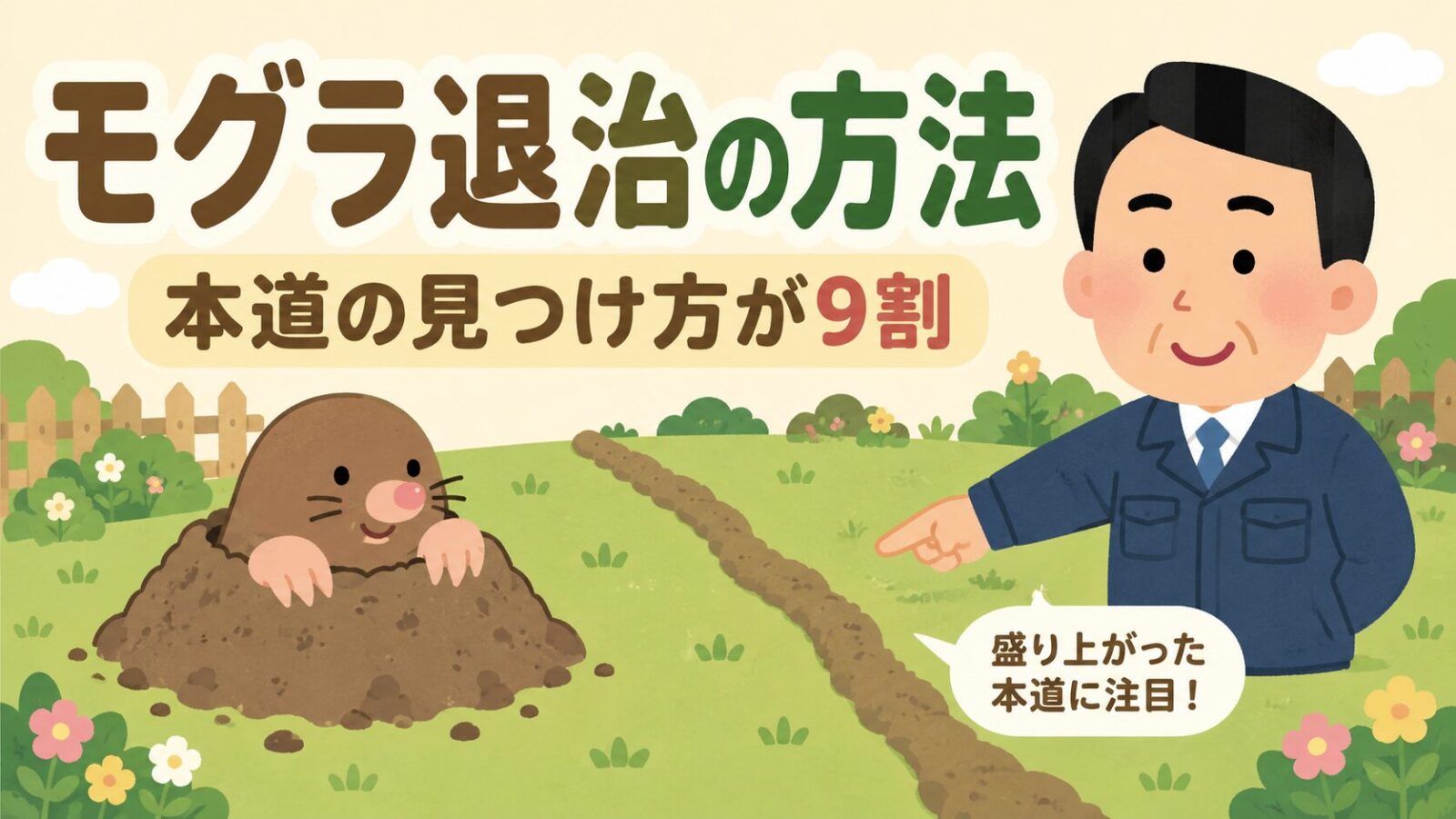 モグラ退治の方法を解説するメインアイキャッチ。「本道の見つけ方が9割」の副題とともに、緑の庭にできたモグラ塚から顔を出すかわいいモグラ(点目・いらすとや風)と、地面の盛り上がったトンネルを指差す作業着姿の守谷タクミ風キャラクターを描いたイラスト。