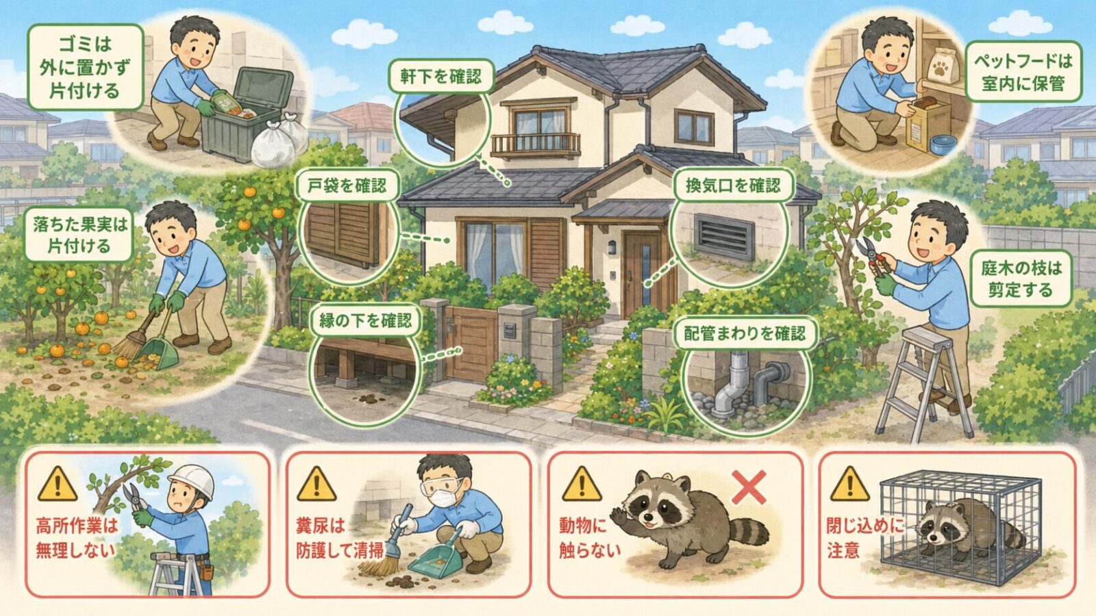 中野区で自分でできるハクビシン予防と応急対策のイラスト