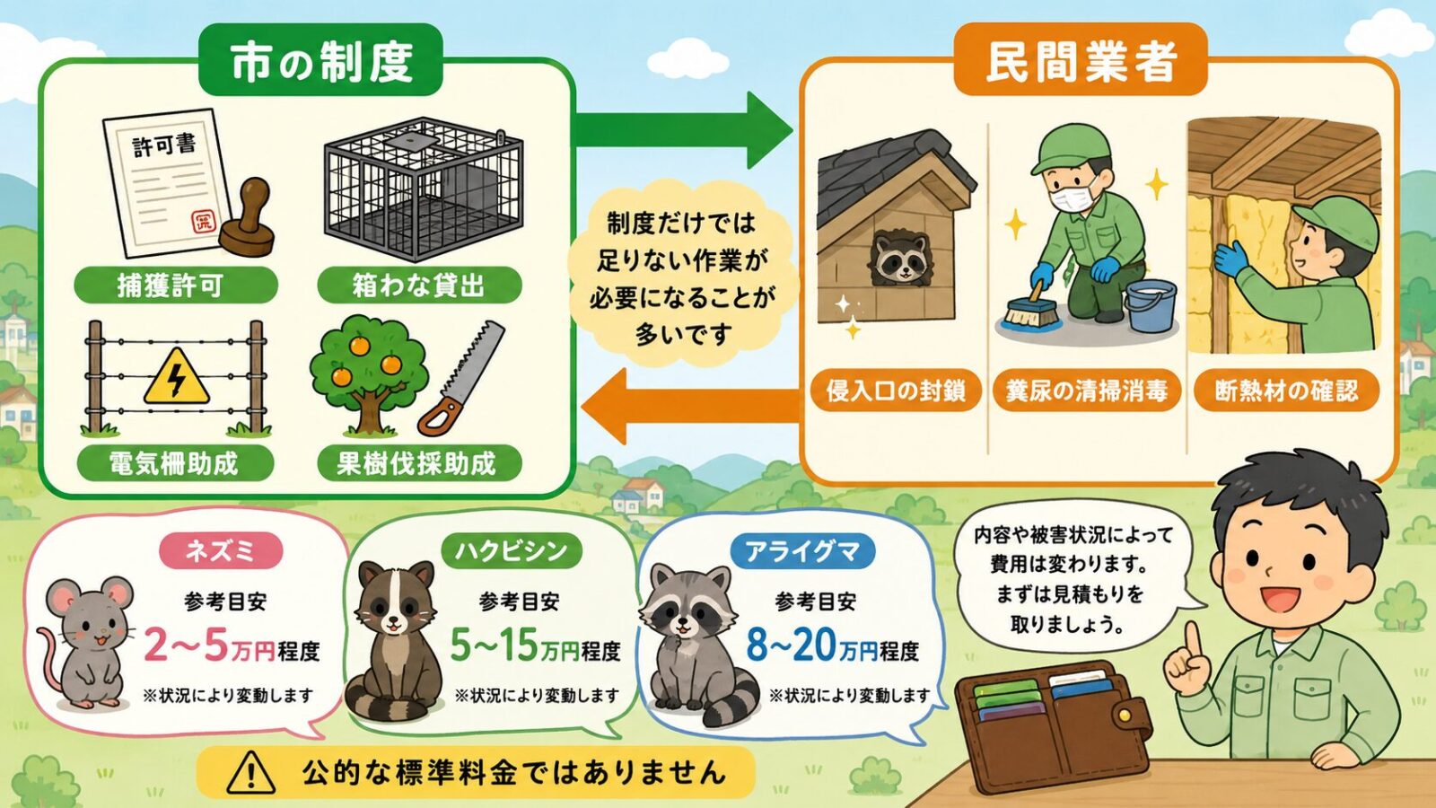 佐野市の害獣駆除で、市の制度だけでは足りない封鎖、清掃、消毒、保証と費用相場の考え方を示した図解
