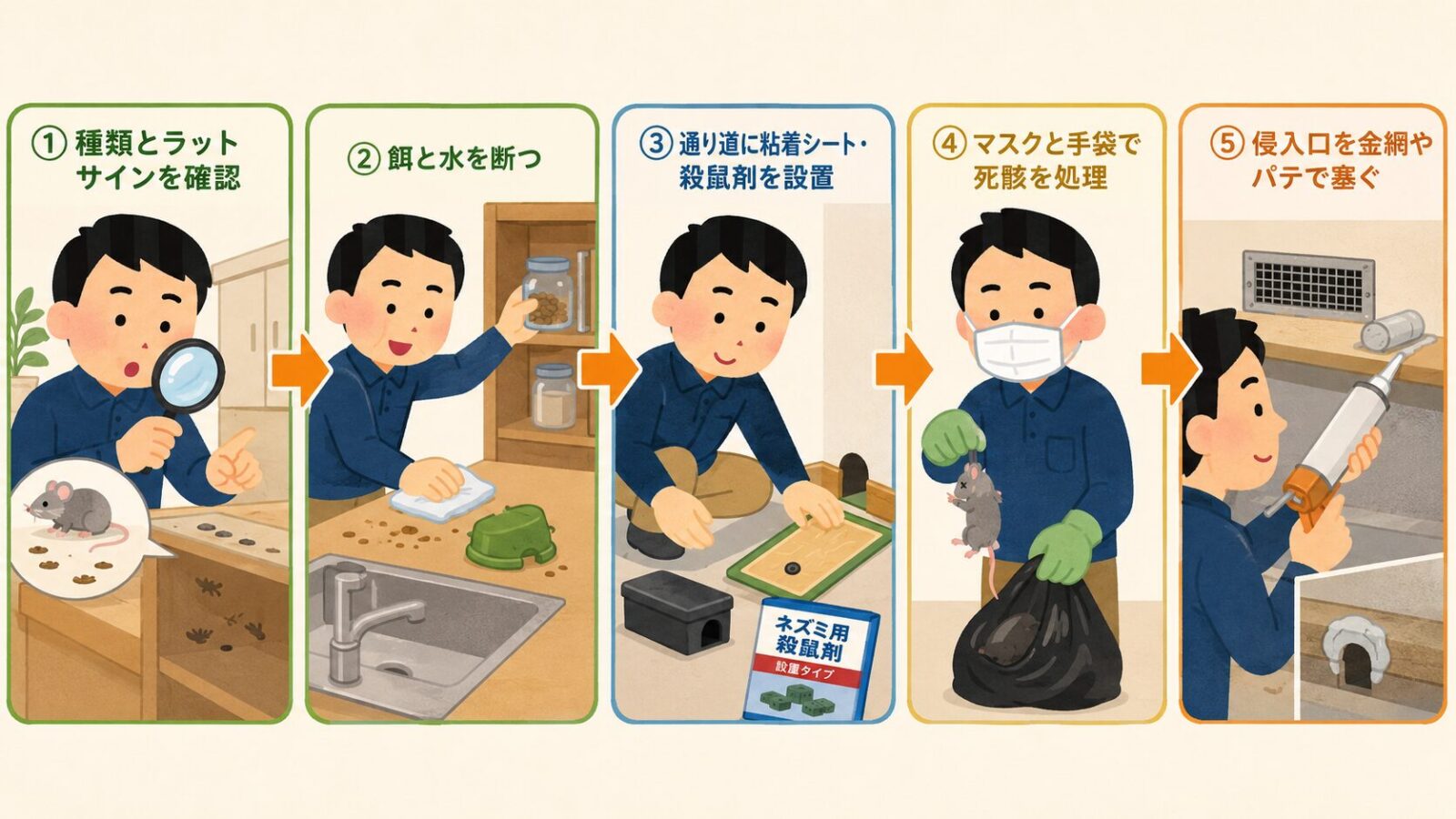 自分でできるネズミ駆除の手順を示す図。①種類とラットサインを確認②餌と水を断つ③通り道に粘着シートや殺鼠剤を設置④死骸を衛生的に処理⑤侵入口を塞ぐ、の5ステップを守谷タクミが順番に案内するいらすとや風イラスト。