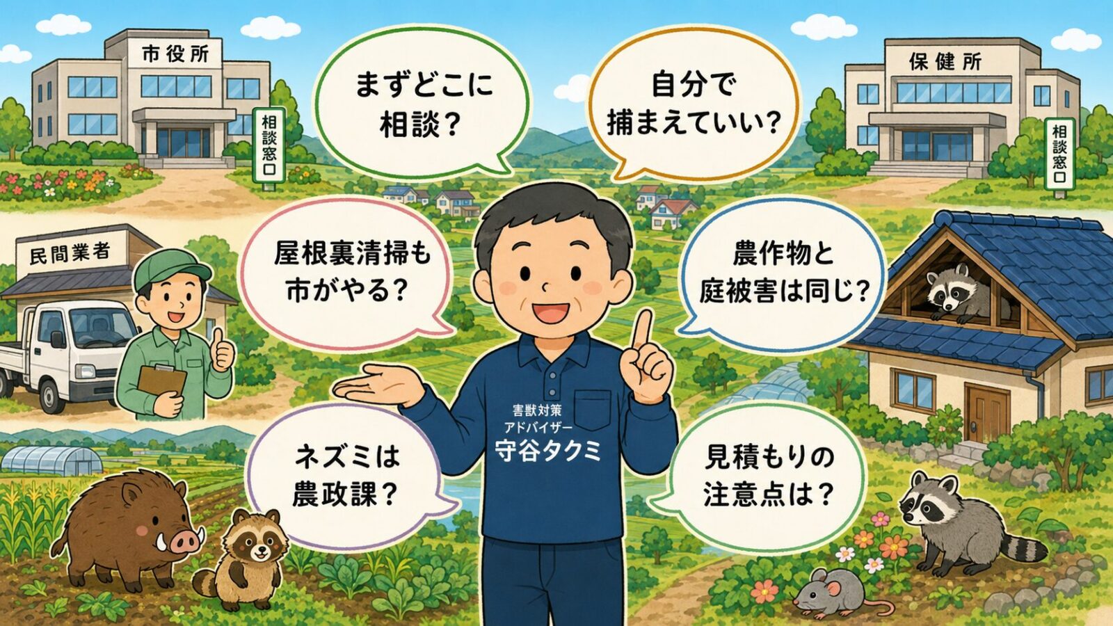 筑西市の害獣駆除でよくある質問を、農政課、保健所、民間業者、住宅、畑の相談先の違いとともに整理した図解