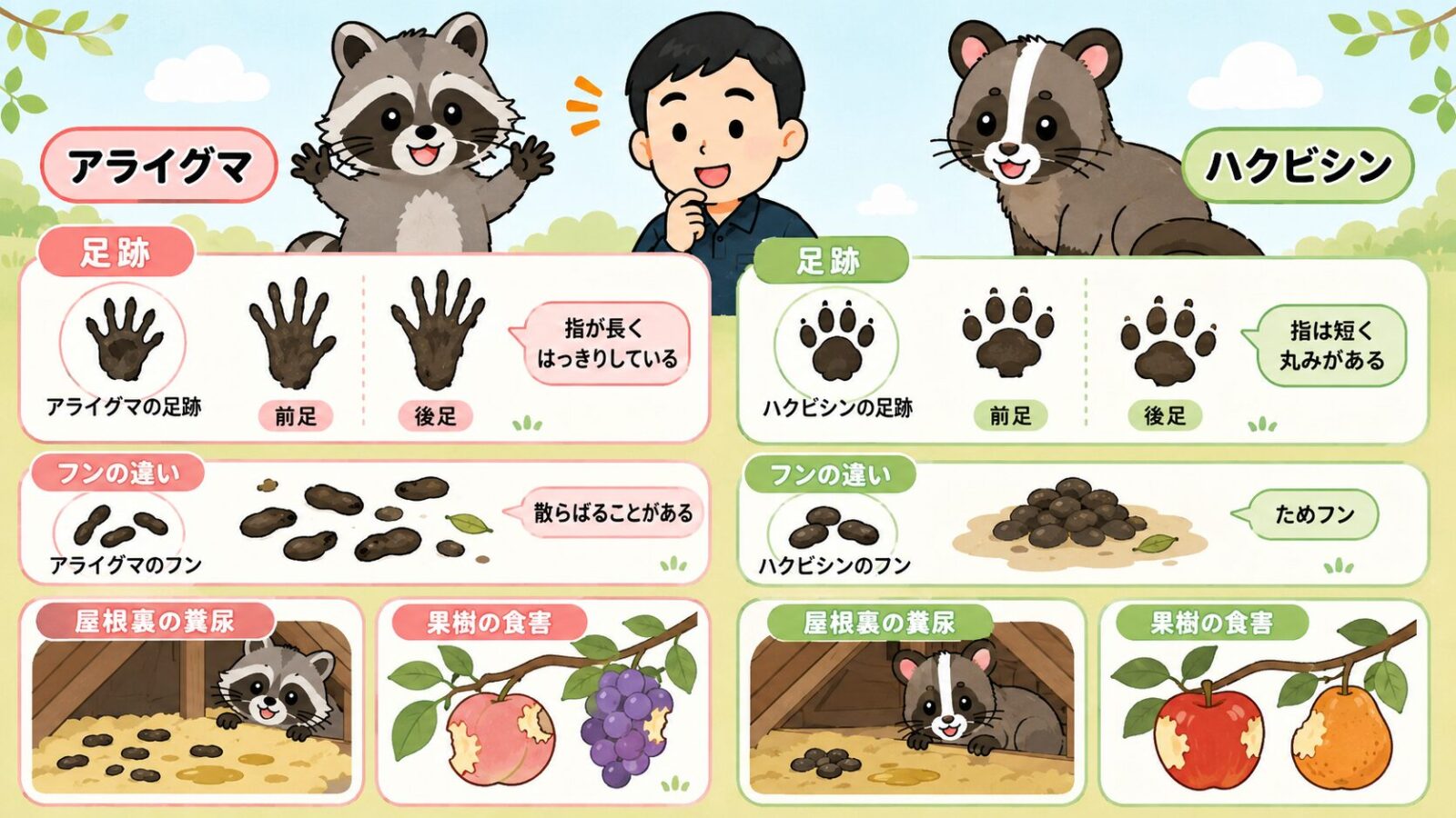 アライグマとハクビシンを足跡・フン・被害の出方で見分ける図。アライグマの足跡は指が細長く人の手のよう・ハクビシンの足跡は丸みがあること、どちらも屋根裏の糞尿被害や果樹の食害が出ることを比較し、姿が見えなくても痕跡で見分けるコツを守谷タクミが解説するいらすとや風イラスト。