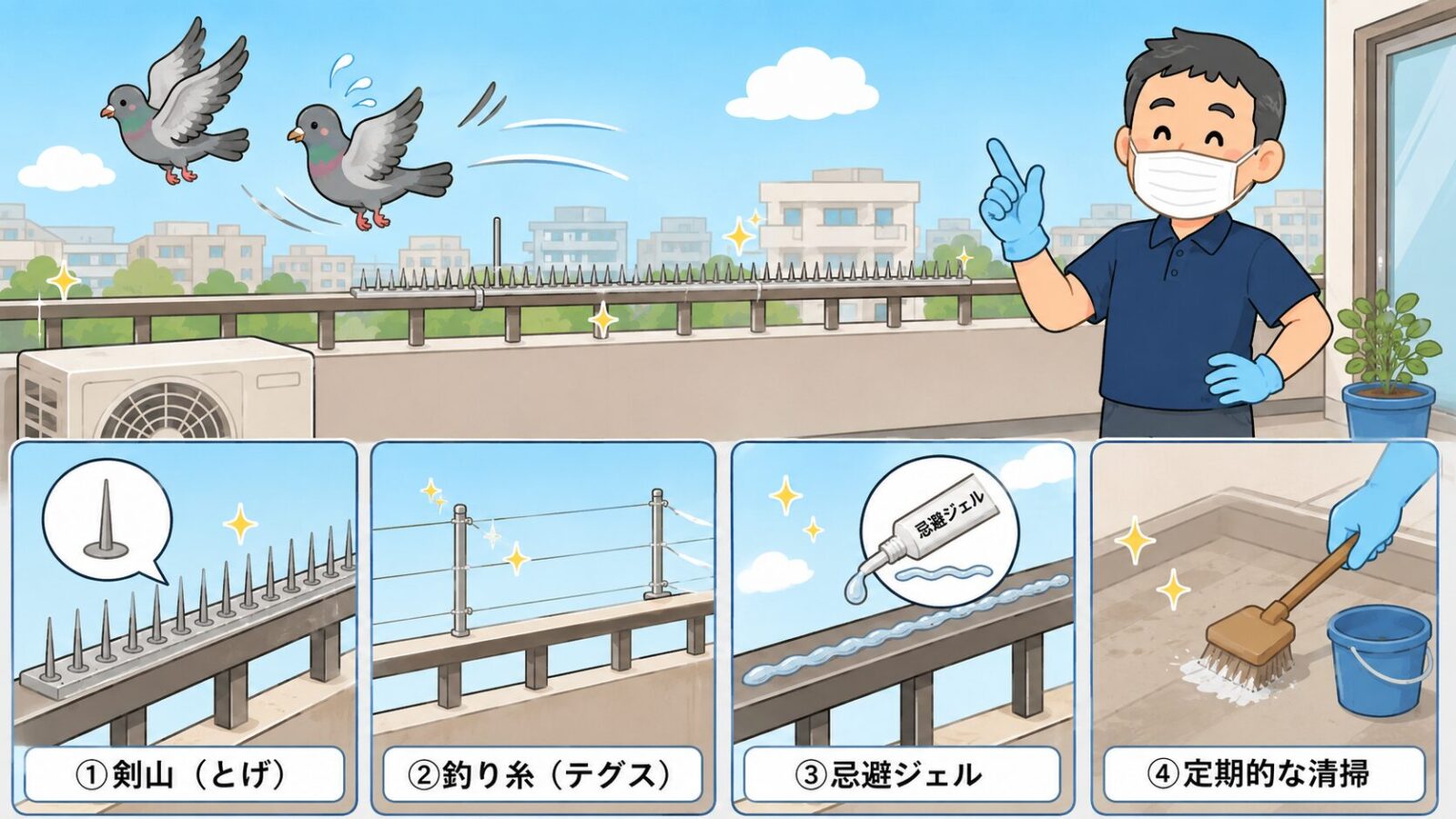 ハトをベランダに寄せ付けないため、餌を置かない、物を減らす、すき間をなくす対策を示した図解。