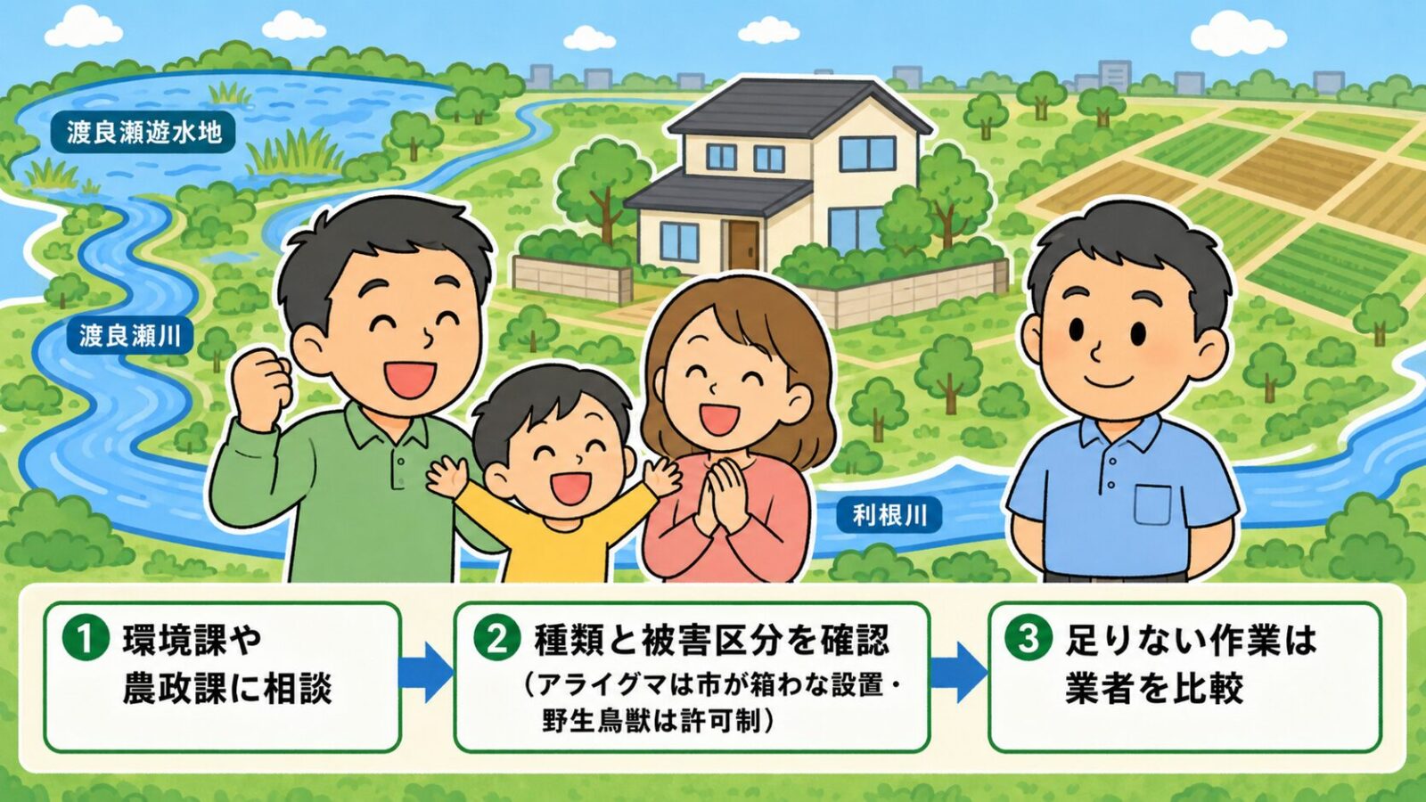 古河市の害獣駆除のまとめ図。環境課や農政課に相談・アライグマは申請で市が箱わなを設置・野生鳥獣の捕獲は許可が必要・足りない作業は業者を比較の流れと、費用は参考相場で現地調査で変動・急がず複数社を比較という注意を、被害が解決して安心する家族とともに守谷タクミが示すいらすとや風イラスト。