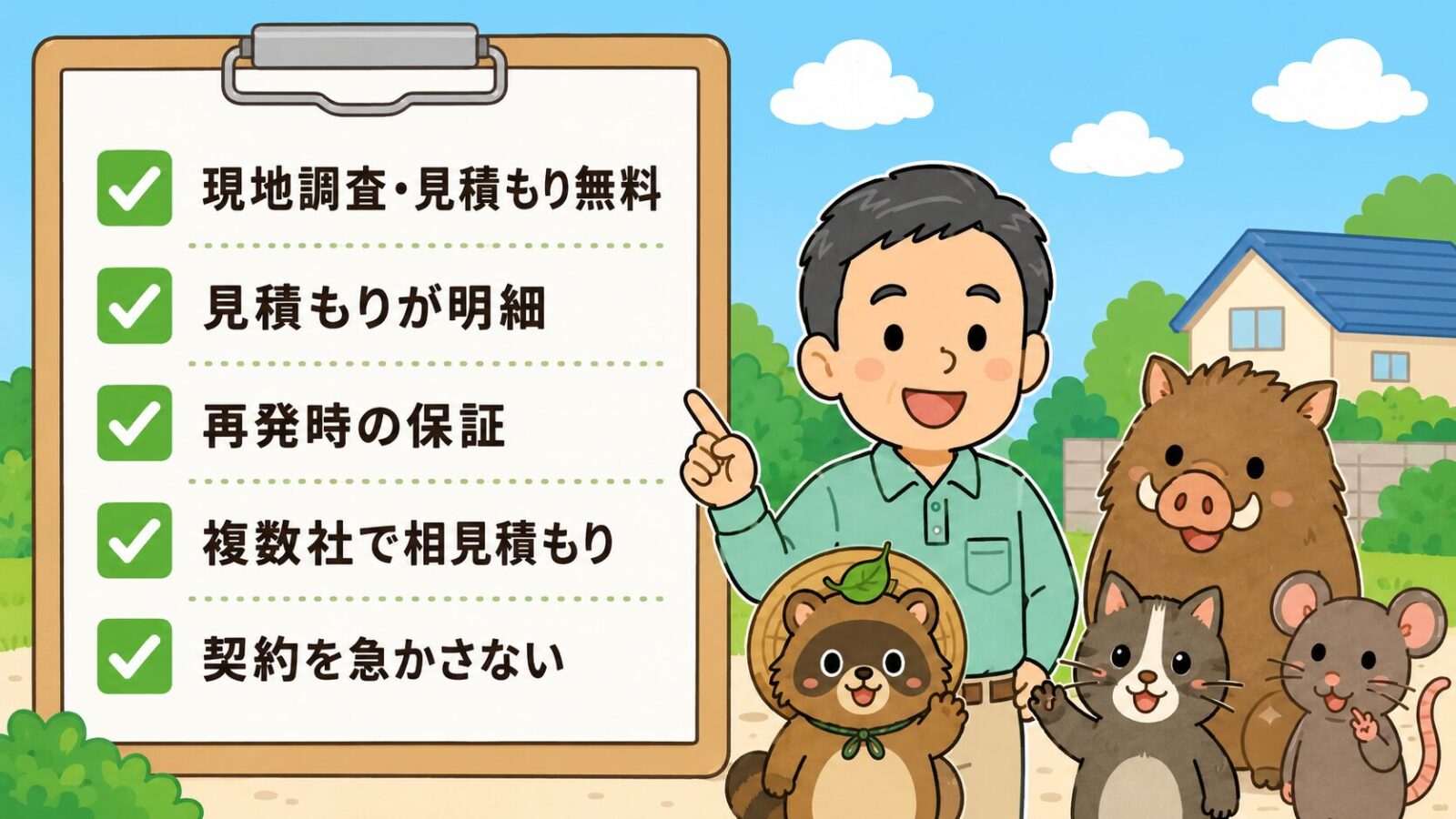 日光市の害獣駆除で失敗しない業者選び5つのチェックポイントを示す図。現地調査見積もり無料・見積もりが明細・再発時の保証・複数社で相見積もり・契約を急かさないの5項目をチェックリストで並べ、急かす業者は冷静に比較できずトラブルになりやすいと守谷タクミが添えるいらすとや風イラスト。