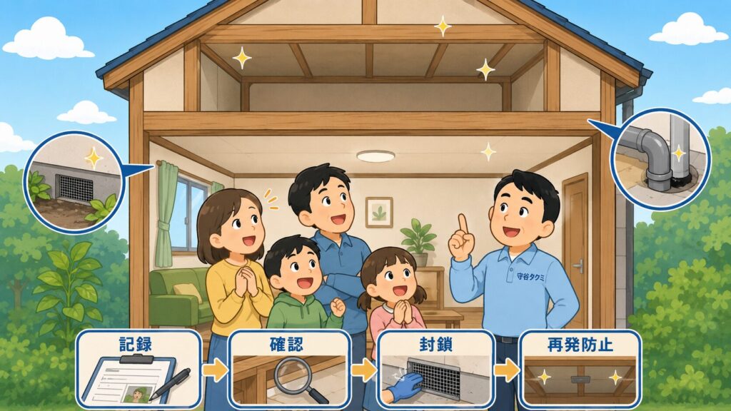 1階と2階の間の害獣対策のまとめを表したイラスト。音のしなくなったきれいな住宅の断面図の中で、記録、確認、封鎖、再発防止という4ステップの流れを矢印で示し、安心した表情の家族4人に守谷タクミが対応の順番を説明している。通気口の金網や配管まわりの封鎖箇所も拡大して描かれている。