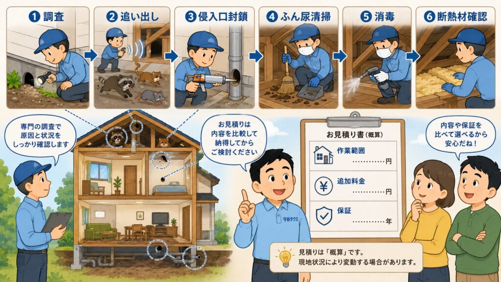 業者に害獣駆除を依頼した場合の作業の流れを6ステップで示した図解。調査、追い出し、侵入口封鎖、ふん尿清掃、消毒、断熱材確認の順に作業員のイラストで示し、作業範囲・追加料金・保証を記載した概算見積書を前に、守谷タクミが内容を比較して納得してから検討するよう案内している。