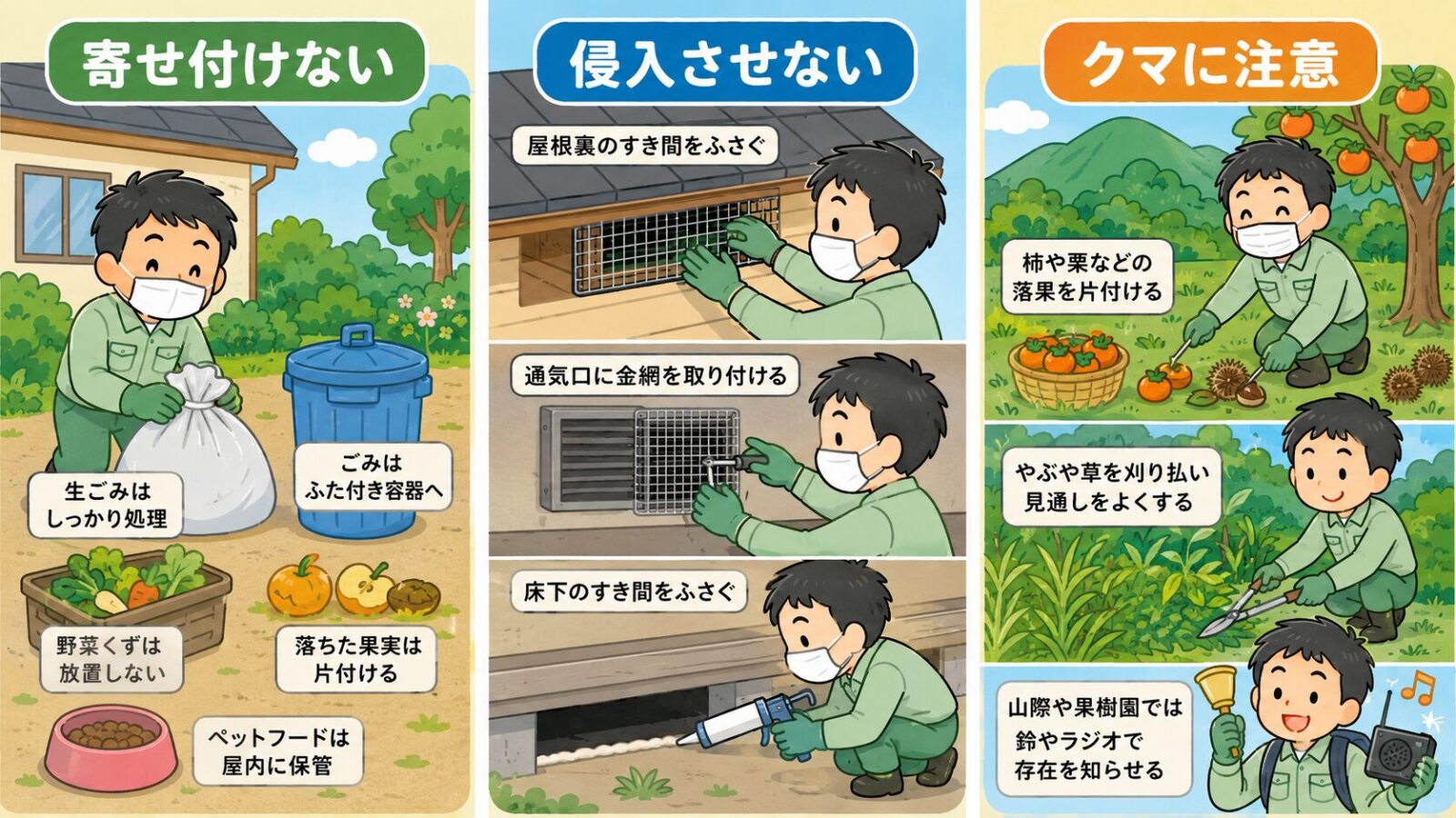 佐野市の害獣被害を予防するために、寄せ付けない対策、侵入させない対策、クマに注意する対策を示した図解