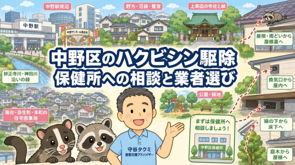 中野区の住宅地を背景に守谷タクミとハクビシンを描いたアイキャッチ画像