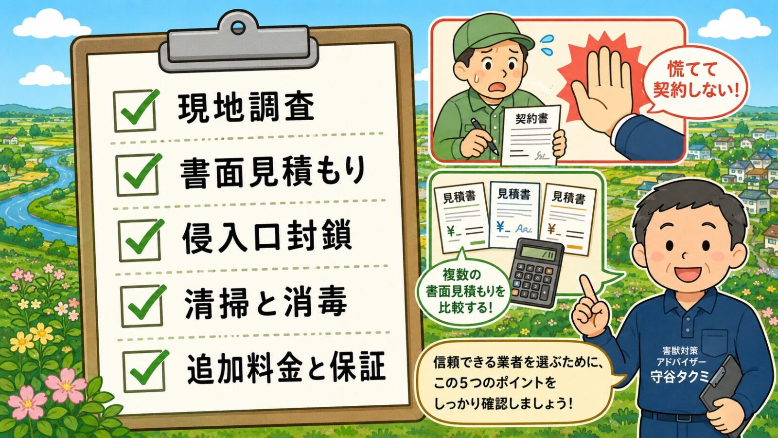 筑西市で害獣駆除業者を選ぶときの現地調査、書面見積もり、侵入口封鎖、清掃と消毒、追加料金と保証の5項目を整理したチェックリスト図解
