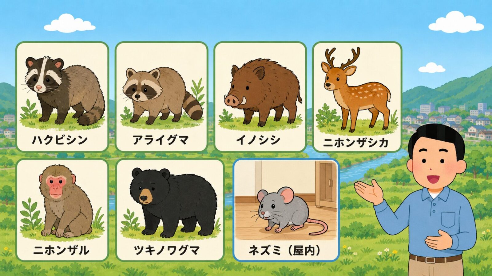 栃木市で注意したいハクビシン、アライグマ、イノシシ、ニホンジカ、ニホンザル、ツキノワグマ、ネズミの種類と被害サインを示した図解