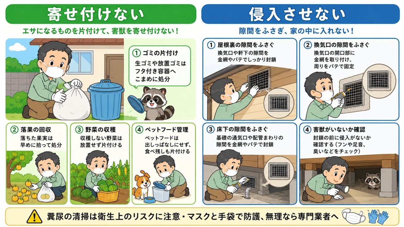 館林市で自分でできる害獣の予防・応急対策を示す図。寄せ付けない(生ごみ・落ちた果実・収穫しない野菜・ペットフードを置かない)と侵入させない(屋根裏・通気口・床下のすき間を金網やパテで塞ぐ)の2本柱を守谷タクミが案内し、糞尿の清掃は衛生上のリスクに注意し防護のうえか専門業者へと添えるいらすとや風イラスト。