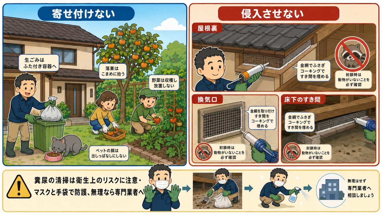 鹿沼市で自分でできる害獣の予防・応急対策を示す図。寄せ付けない(生ごみ・落ちた果実・収穫しない野菜・ペットフードを置かない)と侵入させない(屋根裏・通気口・床下のすき間を金網やパテで塞ぐ)の2本柱を守谷タクミが案内し、糞尿の清掃は衛生上のリスクに注意し防護のうえか専門業者へと添えるいらすとや風イラスト。