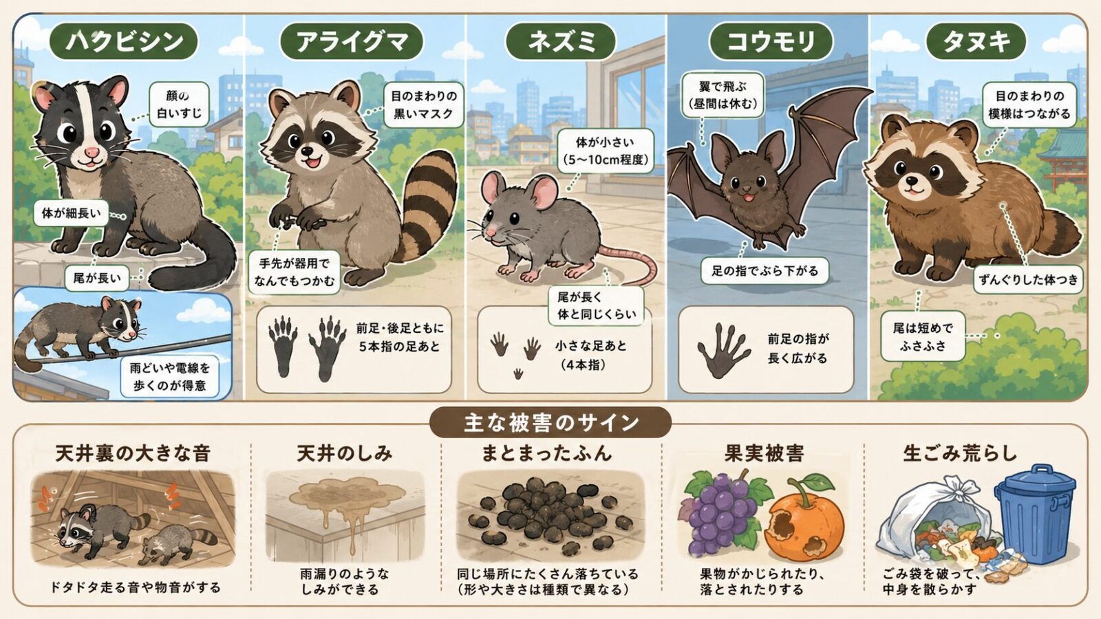文京区で混同しやすいハクビシンとアライグマの特徴と被害サイン