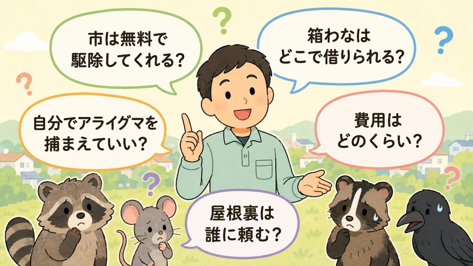 結城市の害獣駆除でよくある相談先、箱わな貸出、自分で捕獲できるか、費用、屋根裏被害の質問を示した図解