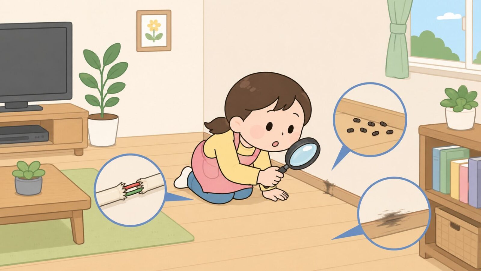 明るい部屋のすみで、虫めがねを持った住人が、黒い糞・かじられた配線・壁の黒ずんだこすれ跡などのラットサインを確認しているいらすとや風イラスト。ネズミが出やすい物件の特徴と痕跡の見分け方を示すH2見出し画像。