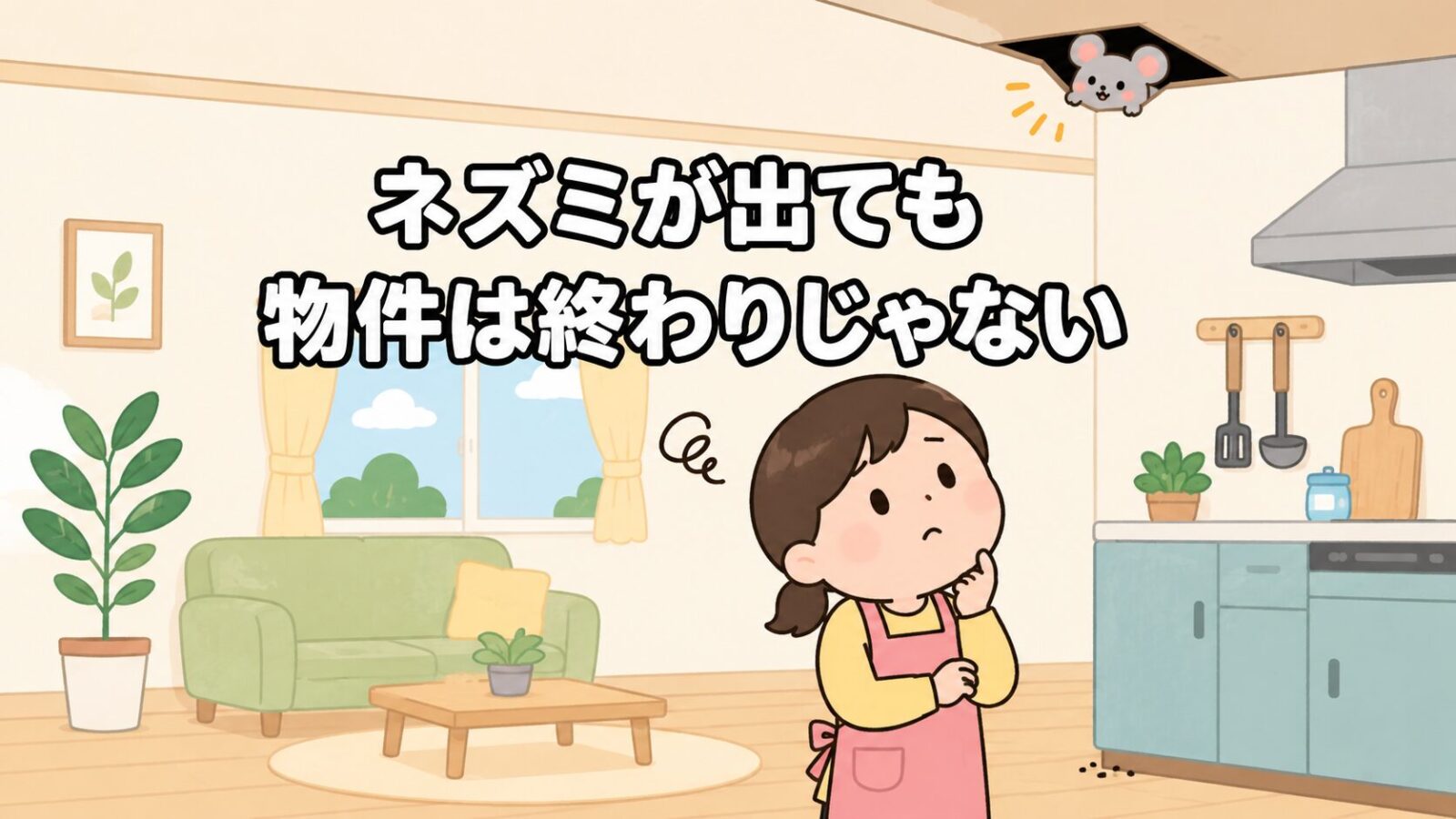 明るい室内で、天井のすき間から小さなネズミが顔をのぞかせ、エプロン姿の女性が困った表情で見上げているいらすとや風イラスト。ネズミが出ても物件は終わりではなく、正しく対処すれば立て直せることを伝える記事のメインアイキャッチ画像。