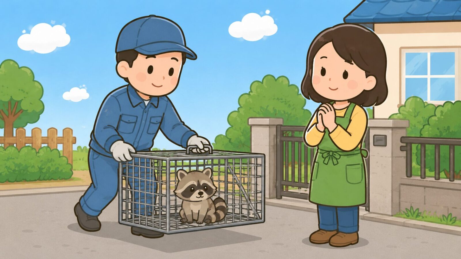 作業着と帽子姿の自治体職員が、アライグマの入った箱わなを丁寧に運び、住人が見守っているいらすとや風イラスト。捕獲した個体の回収・処分は専門の人に委ねることを示すH2見出し画像。