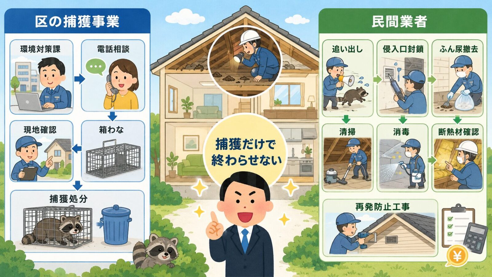 新宿区の捕獲事業と民間業者作業の役割分担を示す図解