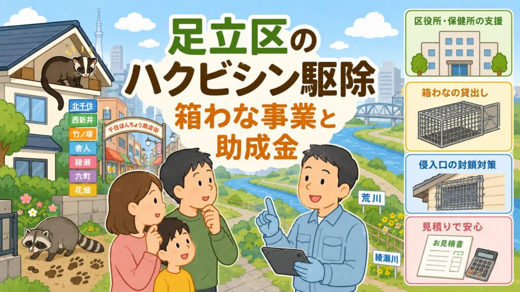 足立区の住宅地と河川沿いを背景に守谷タクミとハクビシンを描いたアイキャッチ画像