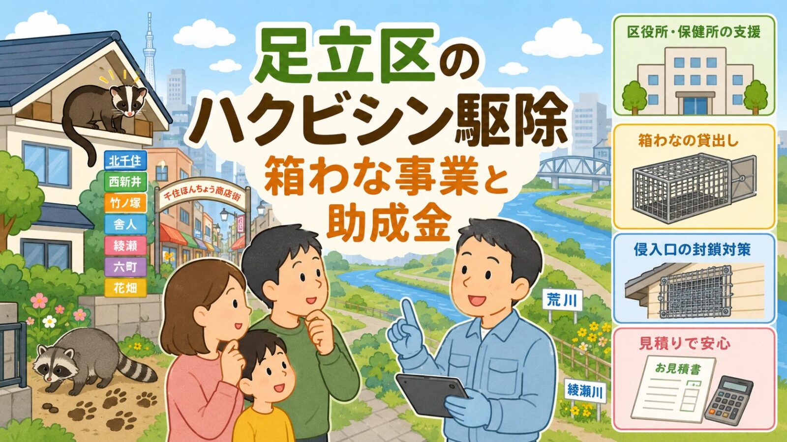 足立区の住宅地と河川沿いを背景に守谷タクミとハクビシンを描いたアイキャッチ画像