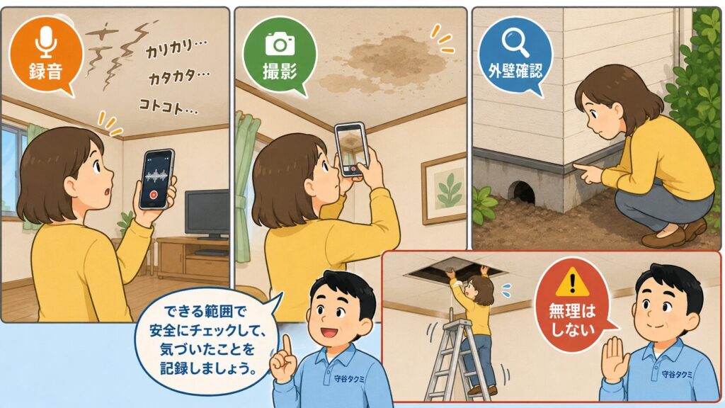1階と2階の間の害獣被害で自分で確認できる範囲を示した3コマの図解。スマートフォンでカリカリ・カタカタという音を録音する、天井のシミを撮影する、外壁の基礎まわりの穴を確認するという安全にできる作業を示し、脚立で天井を無理に開ける行為は「無理はしない」と守谷タクミが注意している。