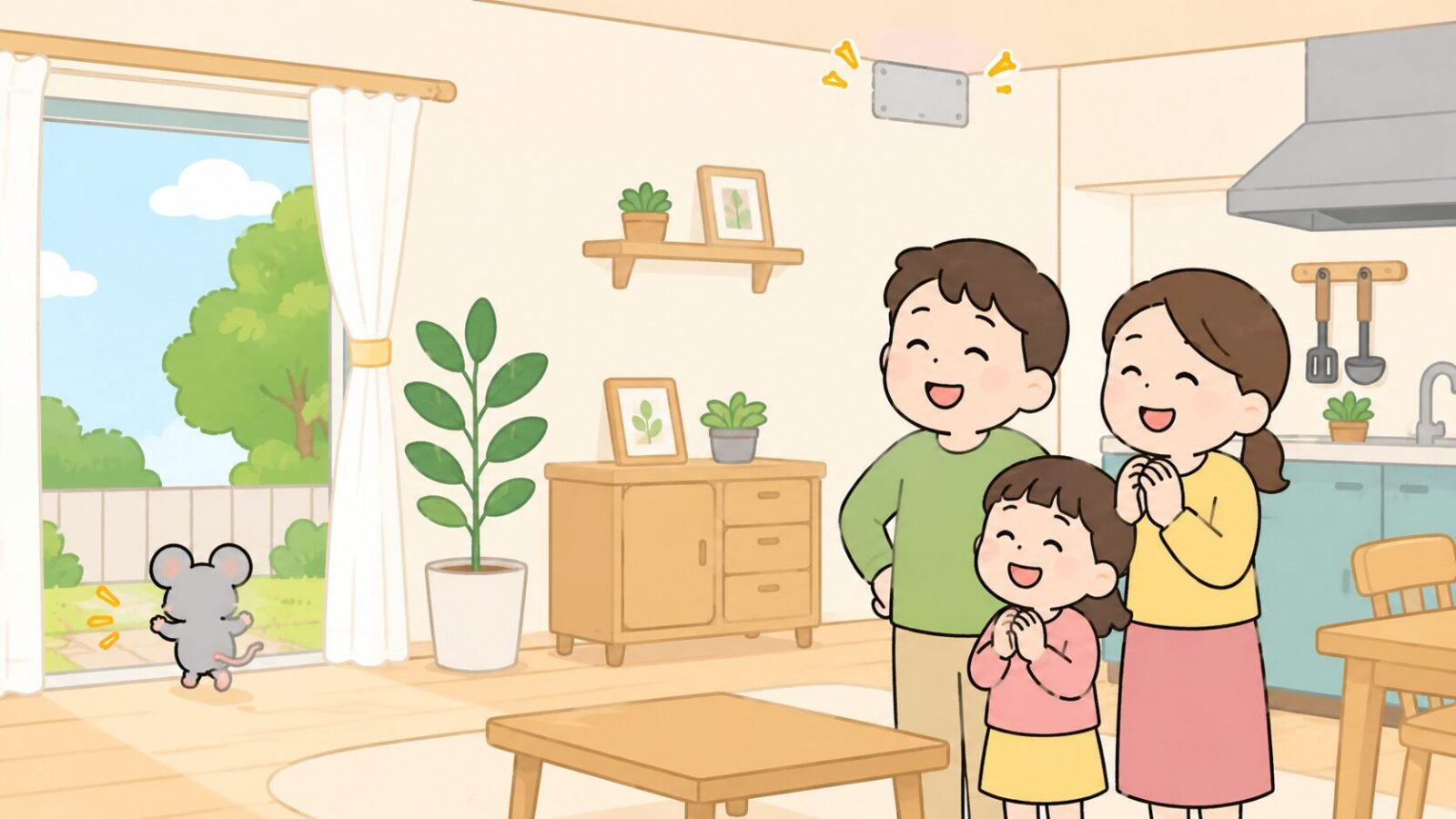 侵入口が金属板でふさがれた明るく清潔な部屋で、安心した笑顔の家族と、窓の外へ出ていく小さなネズミを描いたいらすとや風イラスト。正しく対処すれば安心して暮らせる状態に戻せることを示すまとめの画像。