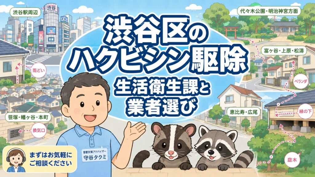 渋谷区の住宅地と緑地を背景に守谷タクミとハクビシンを描いたアイキャッチ画像