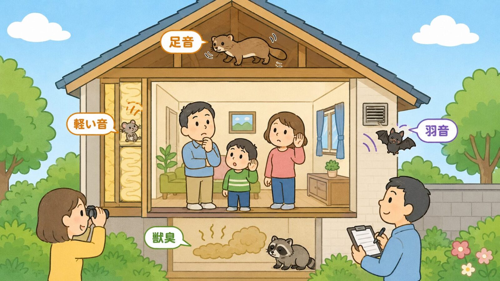 屋根裏や床下の音と臭いから考えられる害獣のサインを住宅断面で示した図解