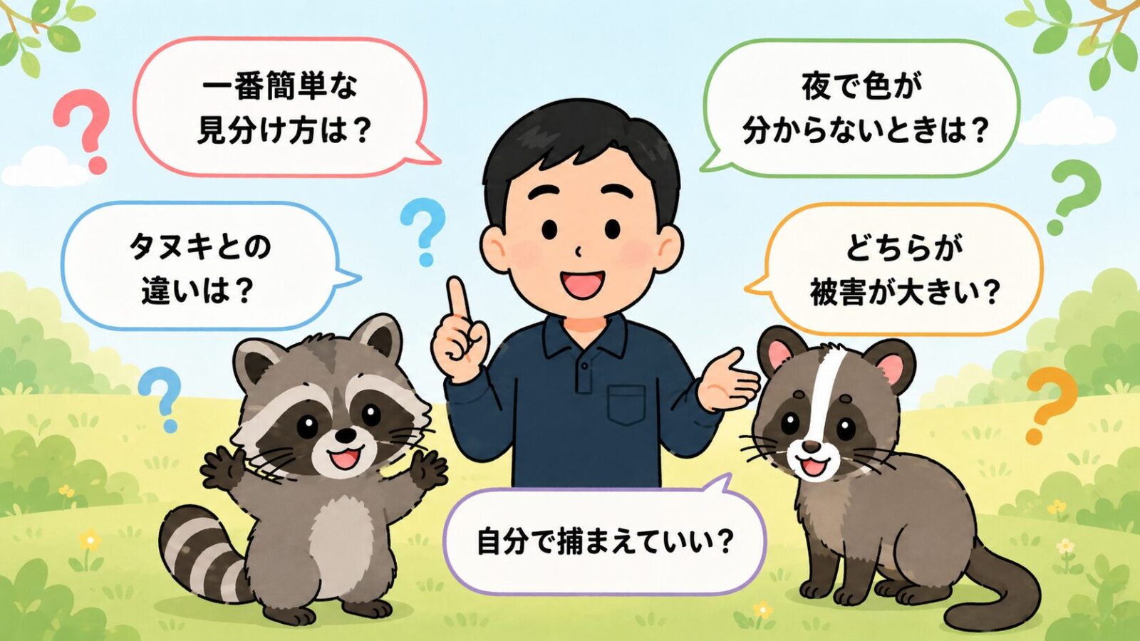 アライグマとハクビシンの見分けのよくある質問の図。一番簡単な見分け方は・夜で色が分からないときは・タヌキとの違いは・どちらが被害が大きい・自分で捕まえていいかの5つの疑問を吹き出しで整理したいらすとや風イラスト。