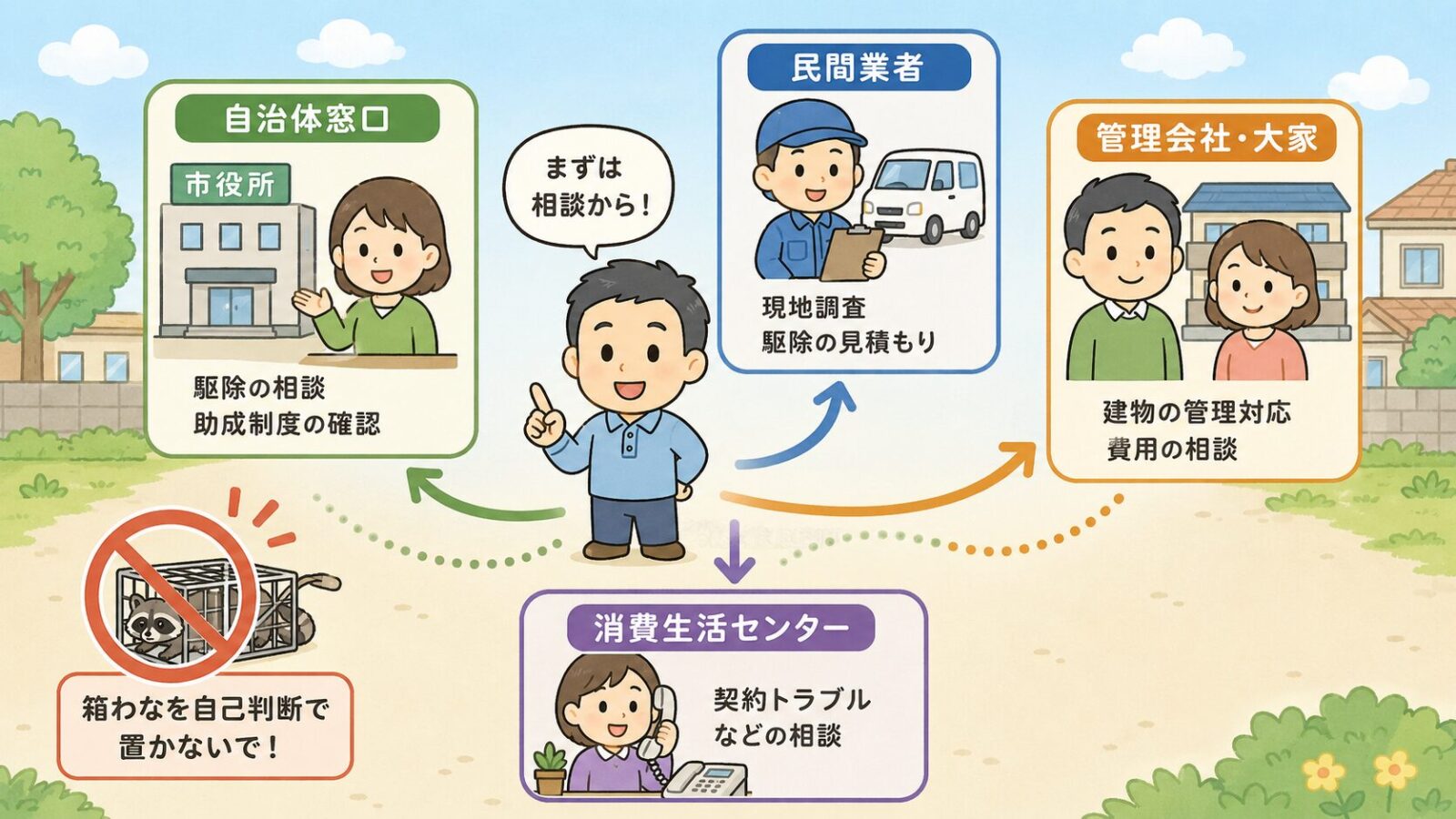 自治体窓口、民間業者、管理会社、消費生活センターへの相談先を分けた図解