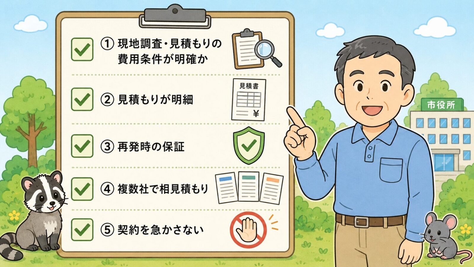 常総市の害獣駆除で失敗しない業者選び5つのチェックポイントを示す図。現地調査・見積もりの費用条件が明確か・見積もりが明細・再発時の保証・複数社で相見積もり・契約を急かさないの5項目をチェックリストで並べ、急かす業者は冷静に比較できずトラブルになりやすいと守谷タクミが添えるいらすとや風イラスト。