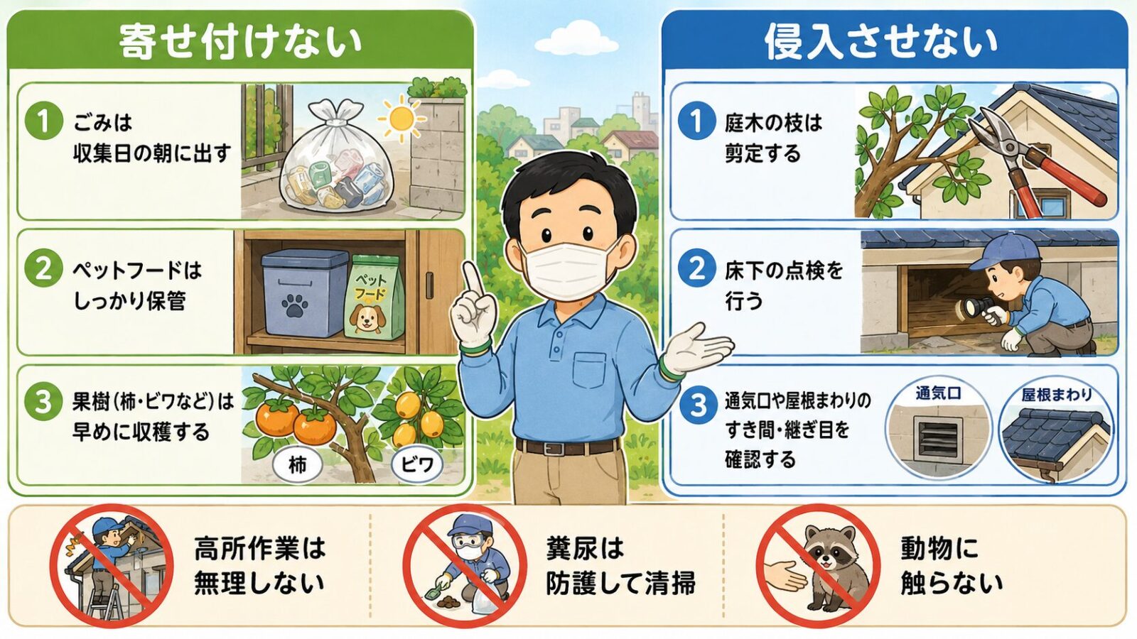 生ごみ、ペットフード、柿やビワなどの果実、庭木、通風口など杉並区で自分でできるハクビシン予防策を示すイラスト