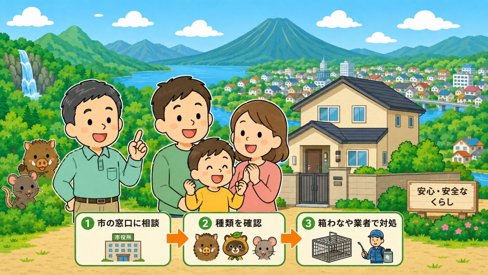 日光市の害獣駆除のまとめ図。市の窓口に相談・害獣の種類を確認・ハクビシンやアライグマは許可を受けて小型箱わなで捕獲・足りない作業は業者を比較の流れと、費用は参考相場で現地調査で変動・急がず複数社を比較という注意を、被害が解決して安心する家族とともに守谷タクミが示すいらすとや風イラスト。