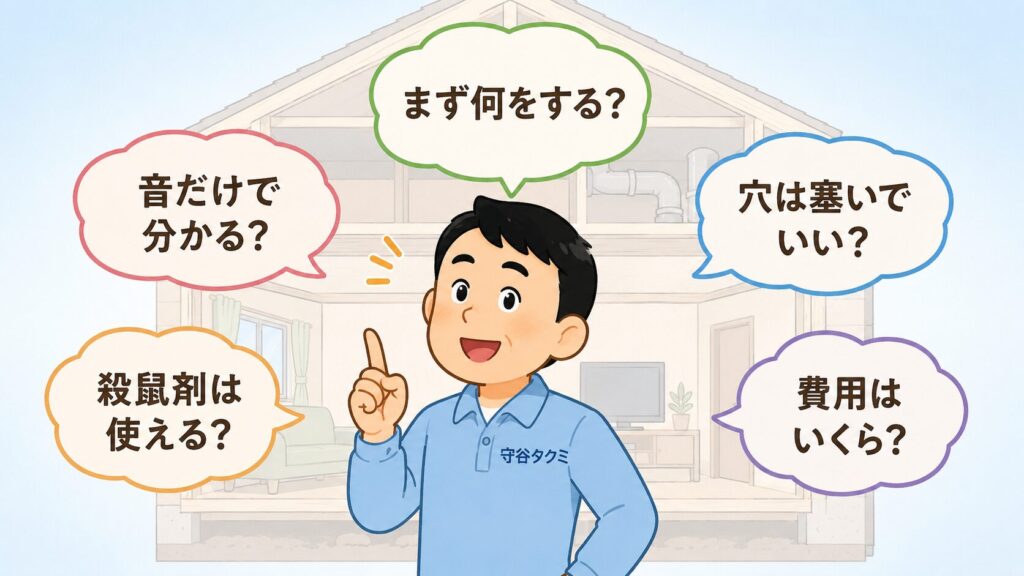 1階と2階の間の害獣駆除に関するよくある質問を表したイラスト。住宅の断面図を背景に守谷タクミが立ち、「まず何をする？」「音だけで分かる？」「穴は塞いでいい？」「殺鼠剤は使える？」「費用はいくら？」という5つの質問の吹き出しに囲まれ、指を立てながら答えようとしている。