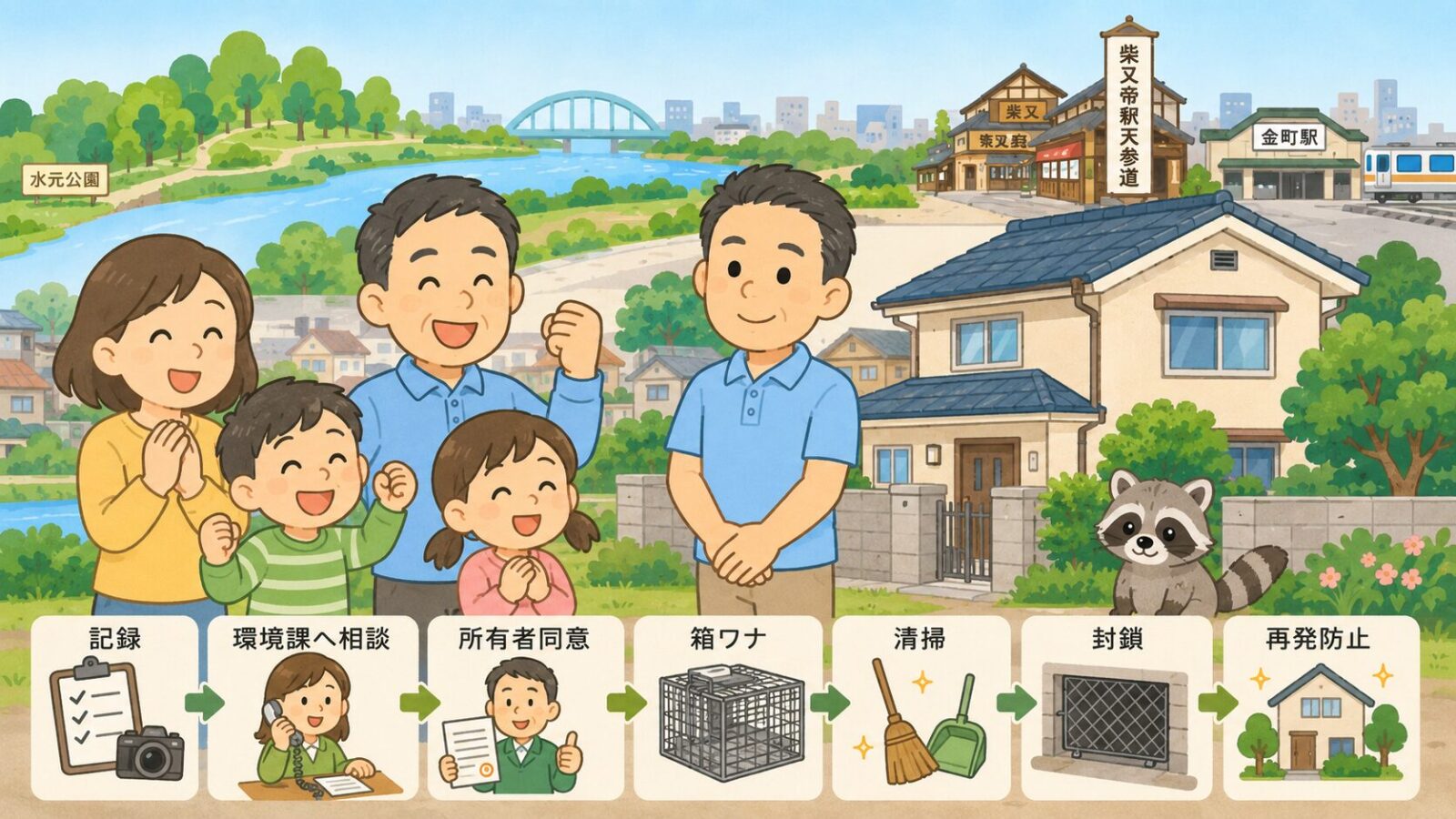 葛飾区のハクビシン被害が解決して安心した家族と守谷タクミを描いたまとめ画像