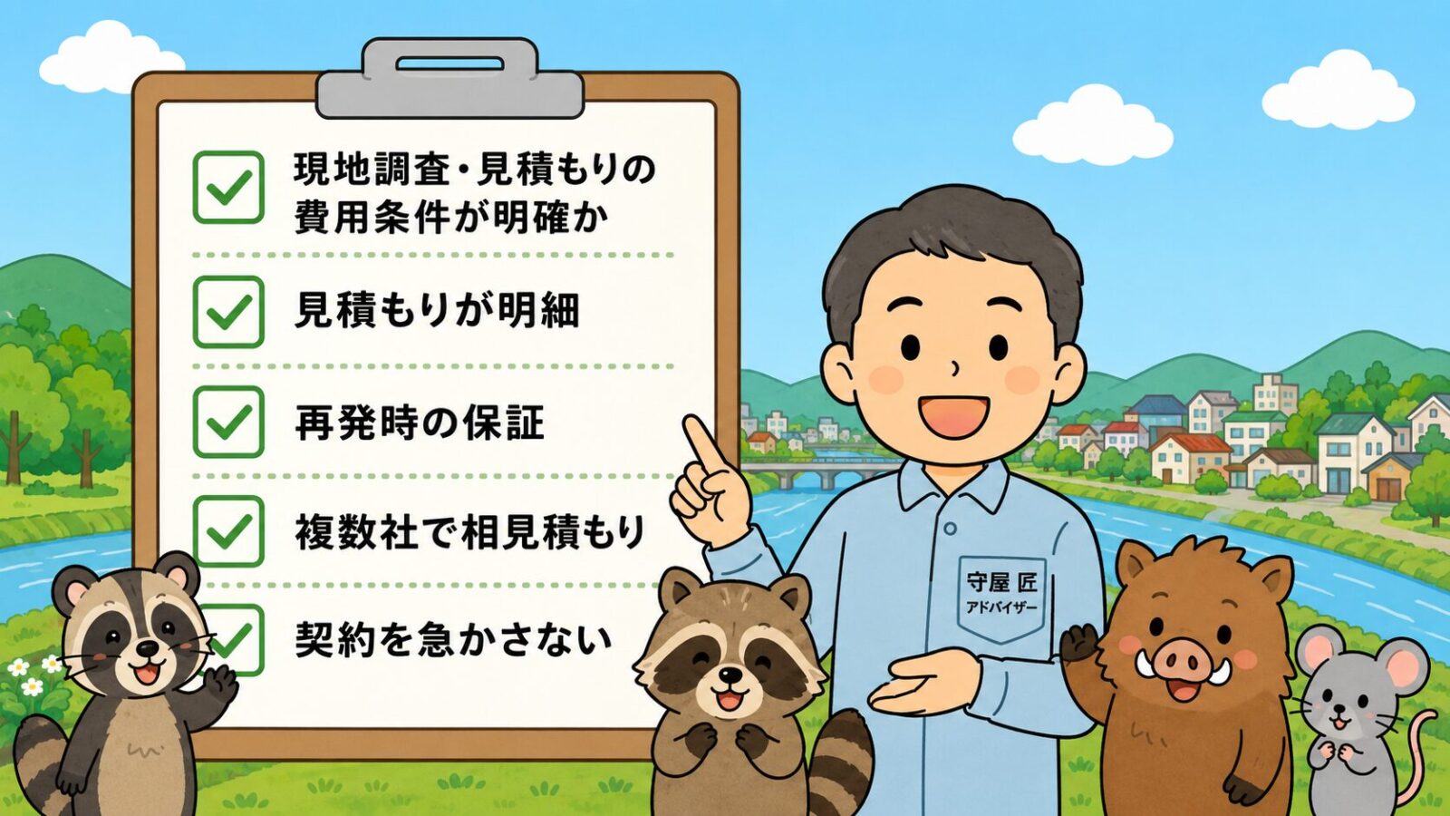 桐生市の害獣駆除で失敗しない業者選び5つのチェックポイントを示す図。現地調査・見積もりの費用条件が明確か・見積もりが明細・再発時の保証・複数社で相見積もり・契約を急かさないの5項目をチェックリストで並べ、急かす業者は冷静に比較できずトラブルになりやすいと守谷タクミが添えるいらすとや風イラスト。