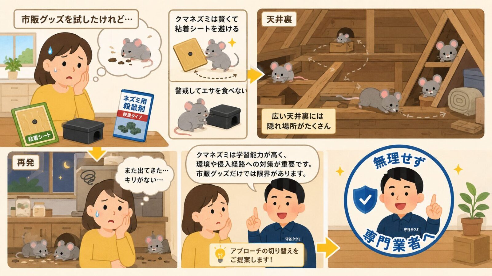 市販品が効きにくい・自分では難しいケースを示す図。警戒心の強いクマネズミ・殺鼠剤が効きにくいスーパーラット・天井裏や床下の広範囲・繰り返す再発などの場面を挙げ、無理せず専門業者へ切り替える判断を守谷タクミが助言するいらすとや風イラスト。